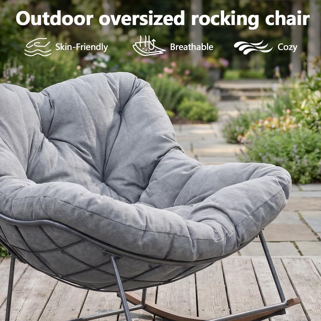 Outdoor Rocking Chair, 400 lbs Sturdy Frame with Thick Cushion,Patio Papasan Chair for Bedroom, Living Room, Porch, Garden(Grey)
