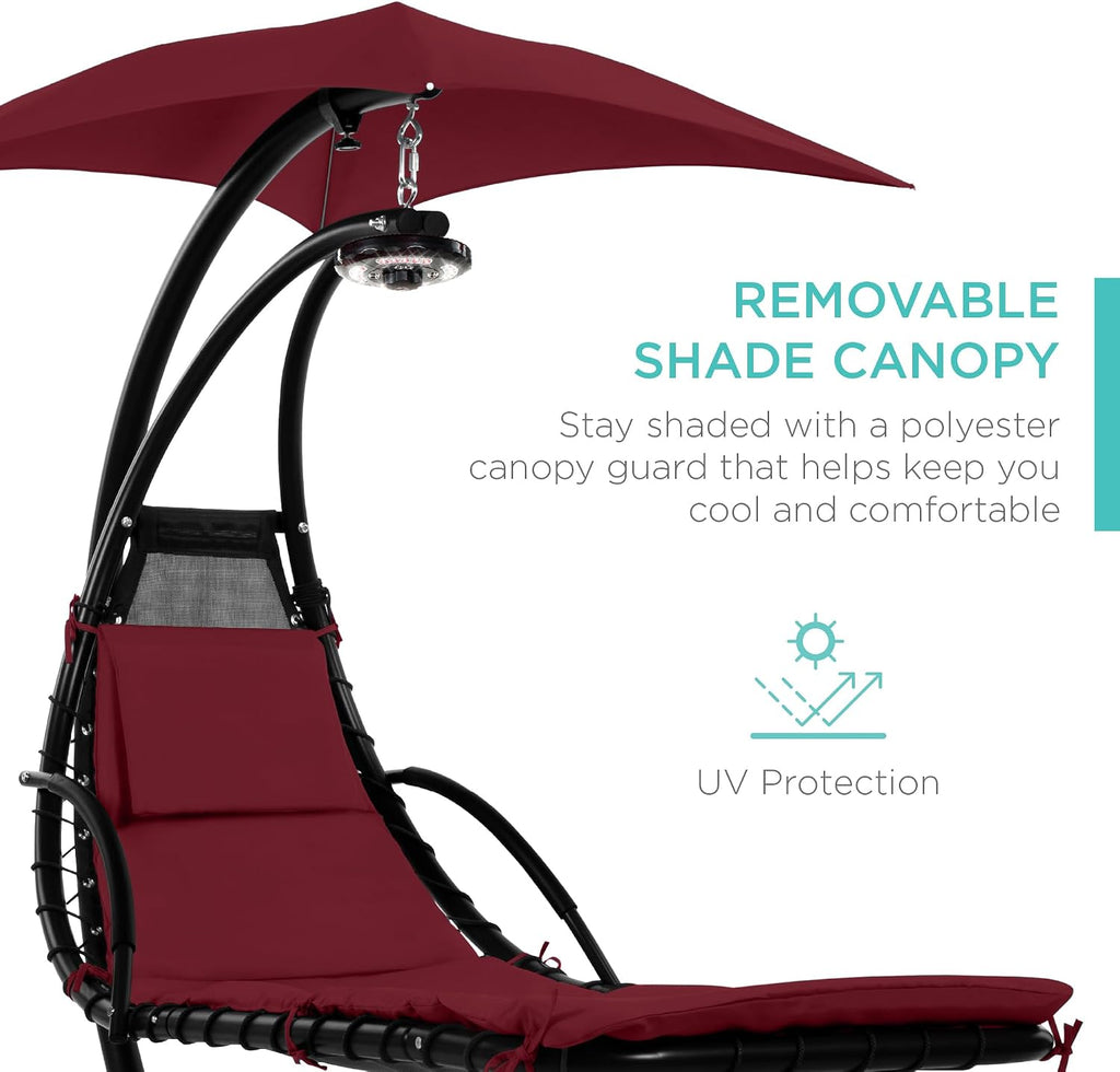 Best Choice Products Hanging LED-Lit Curved Chaise Lounge Chair Swing for Backyard, Patio, Lawn w/ 3 Light Settings, Weather-Resistant Pillow, Removable Canopy Shade, Steel Stand - Burgundy