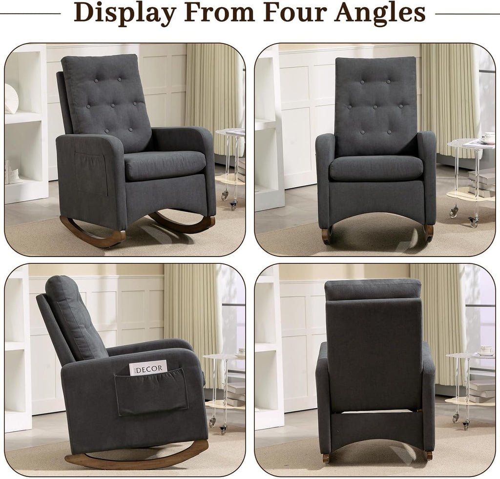 Nursery Rocking Chair, Comfy Upholstered Glider Rocker Armchair with Rubber Wood Legs High Back and Side Pocket for Living Room Bedroom, Deep Grey