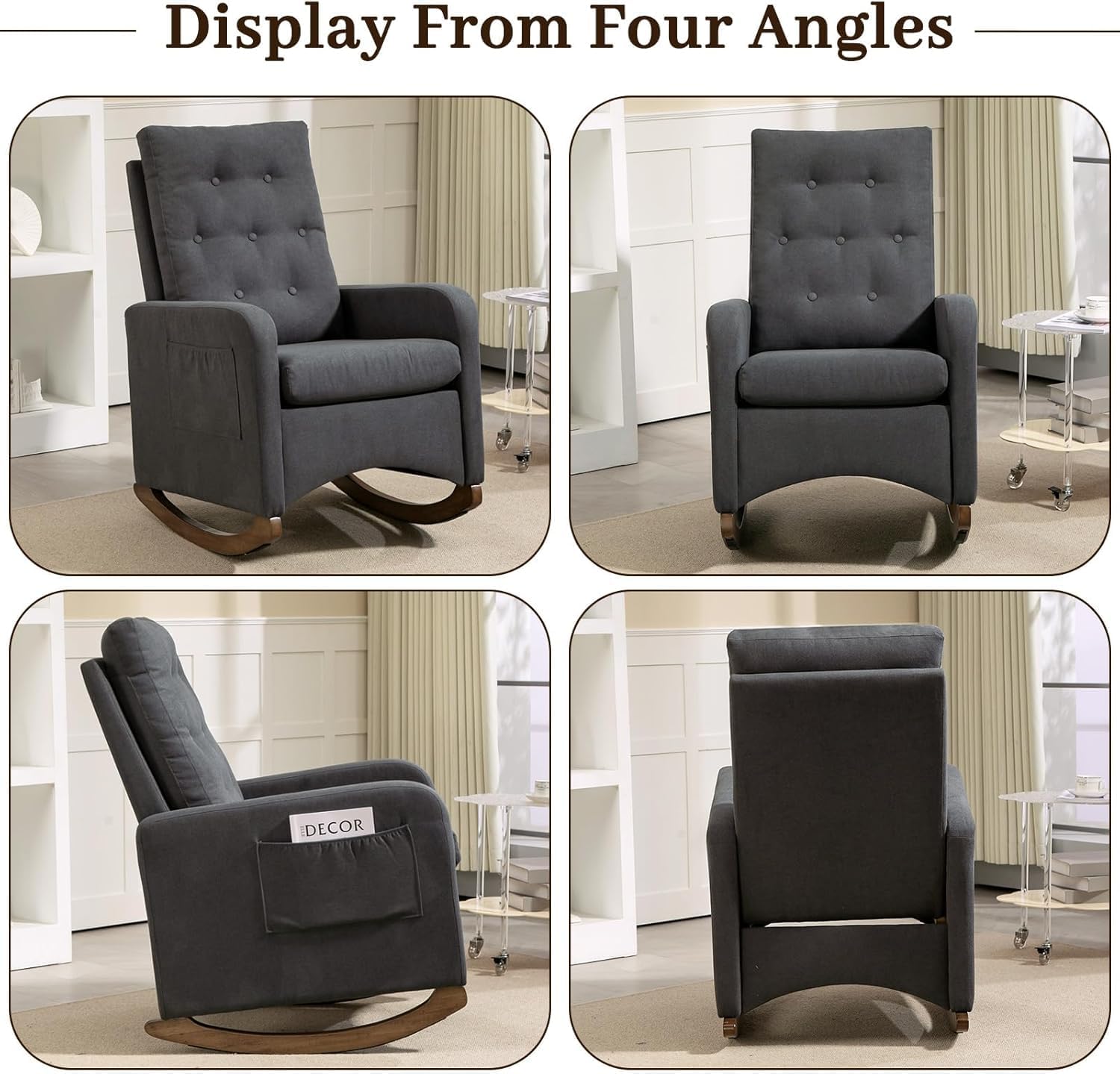 Nursery Rocking Chair, Comfy Upholstered Glider Rocker Armchair with Rubber Wood Legs High Back and Side Pocket for Living Room Bedroom, Deep Grey