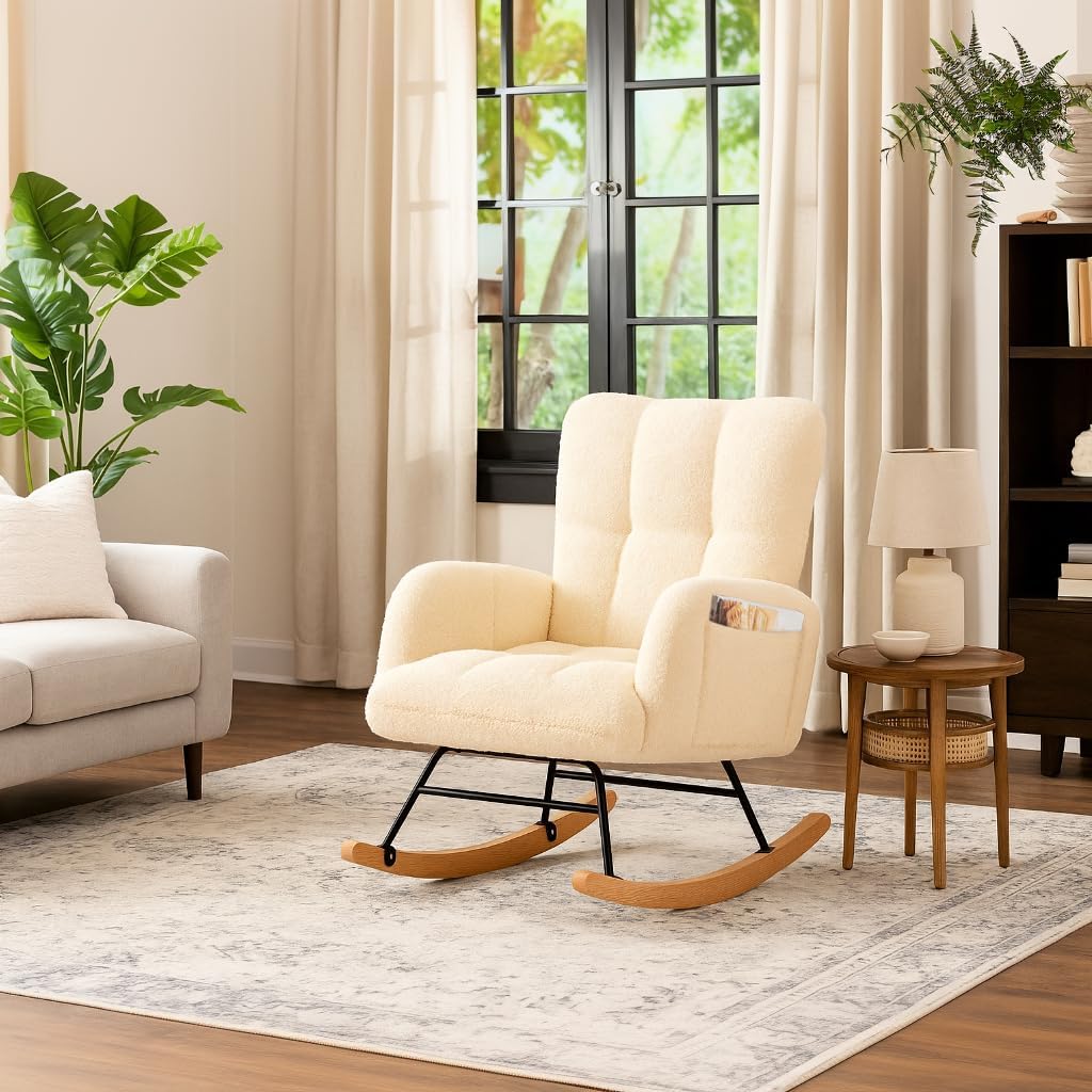 COMHOMA Nursery Rocking Chair, Teddy Upholstered Glider Rocking Chair with Side Pockets, Accent Chair with High Backrest Reading Chair for Adult, Nursery, Bedroom, Living Room,Offices(Beige)