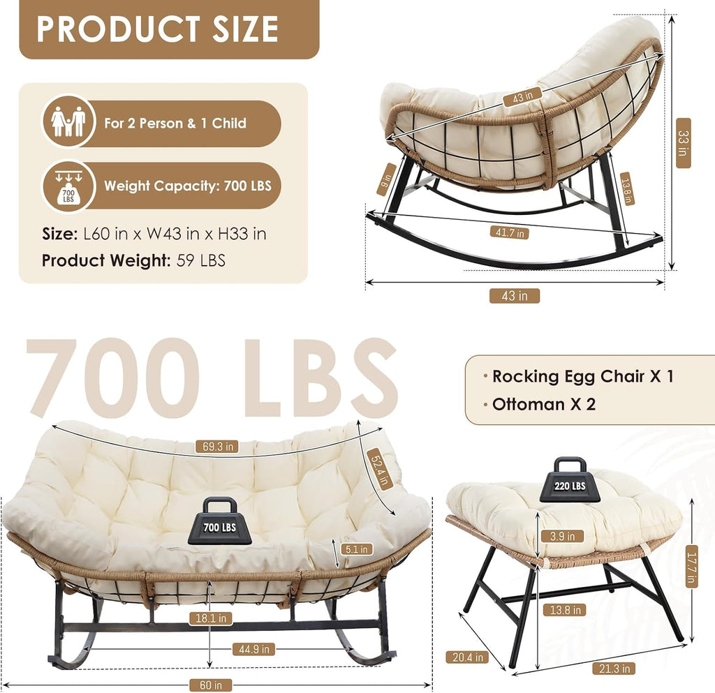 RADIATA Double Egg Rocking Chair with Ottomans, Heavy Duty Papasan Lounger Chairs with Comfy Cushion and Footrest, 2 Person Indoor Outdoor Rocker Loveseat for Patio Balcony Backyard, Beige