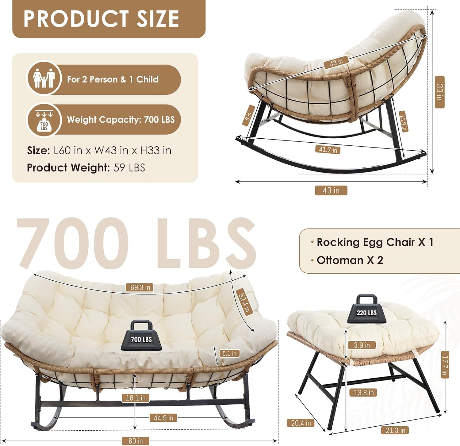 RADIATA Double Egg Rocking Chair with Ottomans, Heavy Duty Papasan Lounger Chairs with Comfy Cushion and Footrest, 2 Person Indoor Outdoor Rocker Loveseat for Patio Balcony Backyard, Beige