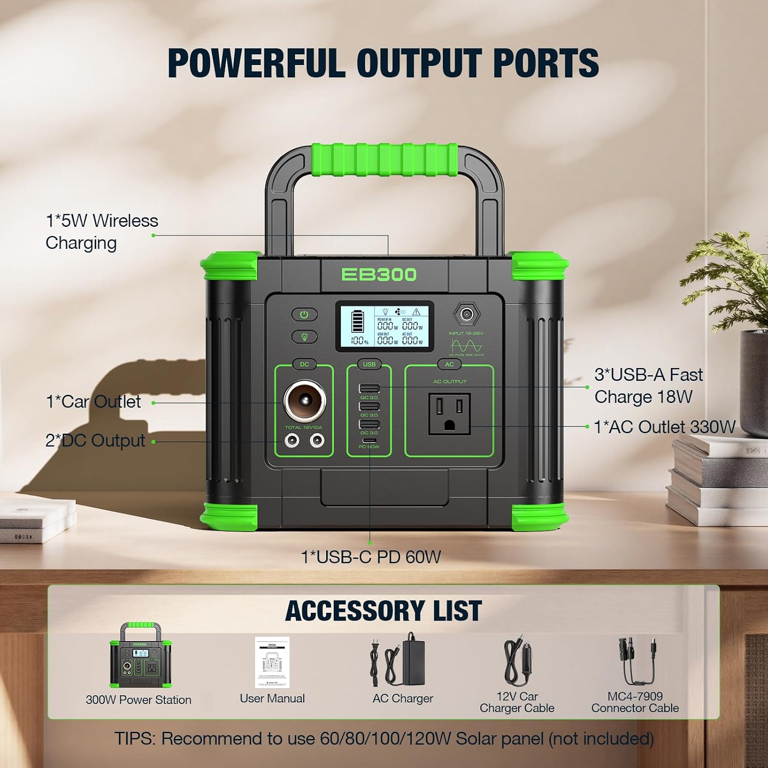 300W Portable Power Station 288.6Wh Solar Generator with 600W Peak, PD 60W USB-C, QC3.0 & 5W Wireless Charger for Camping, Emergency Backup, RV & Home Use