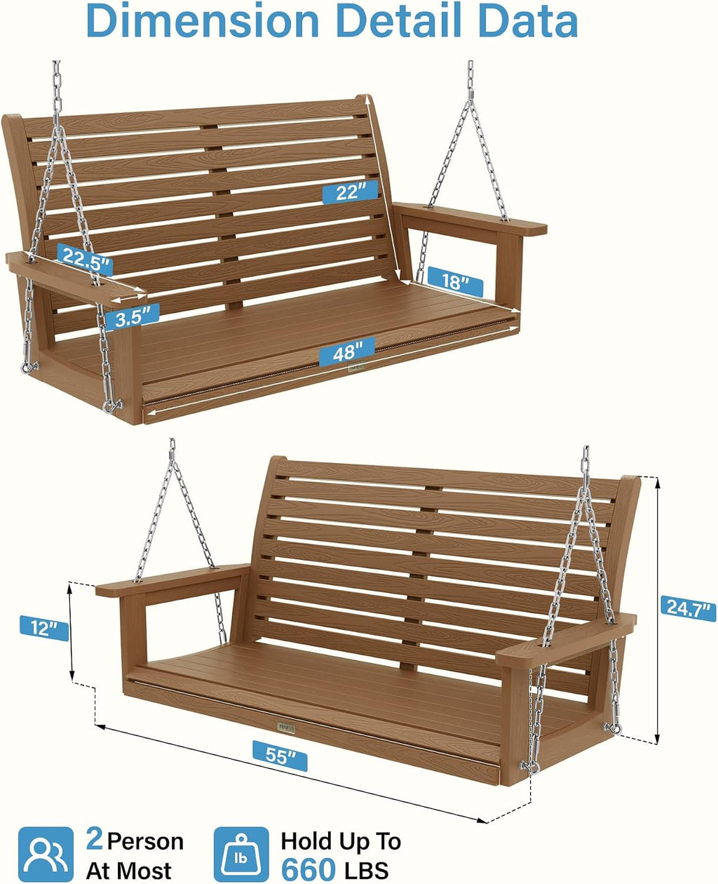 YEFU Hanging Porch Swing Outdoor: 2-Seat Patio Swing Bench-All Weather Swings Chair with Hanging Chains-Look Like Real Wood-Garden/Courtyard/660Lbs Weight Capacity/4FT/Teak