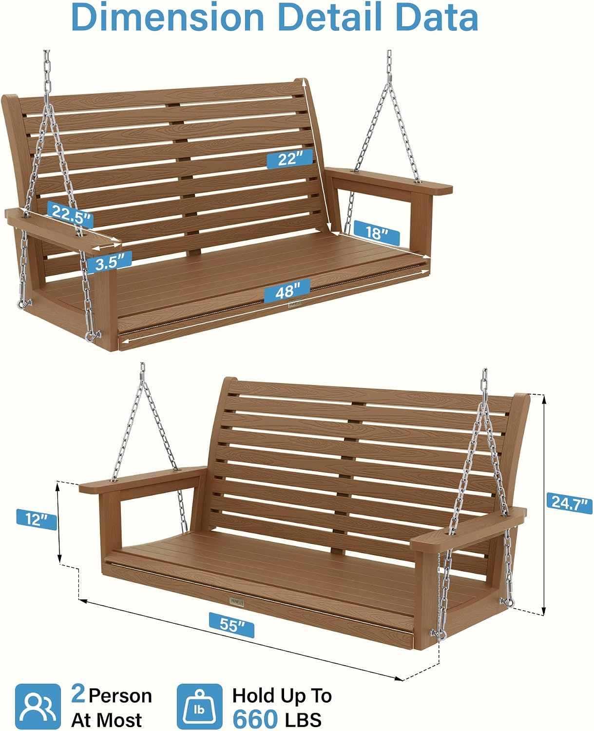 YEFU Hanging Porch Swing Outdoor: 2-Seat Patio Swing Bench-All Weather Swings Chair with Hanging Chains-Look Like Real Wood-Garden/Courtyard/660Lbs Weight Capacity/4FT/Teak