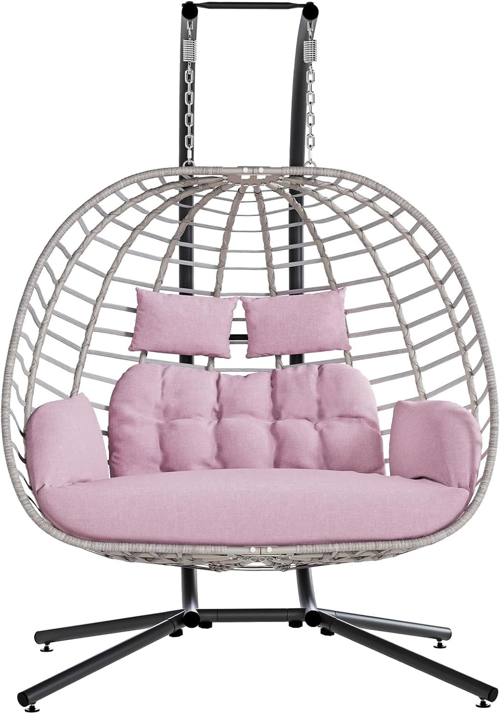 SWITTE Double Egg Swing Chair with Stand, Outdoor Patio 2 Person Hanging Wicker Hammock Chairs with Cushion for Indoor Bedroom, Lawn, Garden-Pink