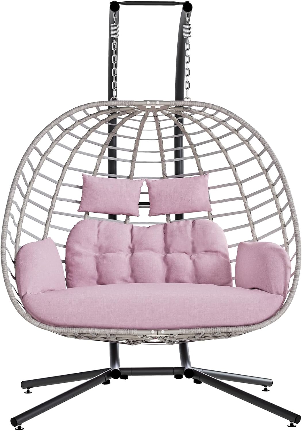 SWITTE Double Egg Swing Chair with Stand, Outdoor Patio 2 Person Hanging Wicker Hammock Chairs with Cushion for Indoor Bedroom, Lawn, Garden-Pink