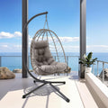 Foldable Egg Chair Outdoor with Stand, Indoor Wicker Hanging Egg Swing Chair with Cushion, 350lbs Capacity for Patio, Bedroom, Garden - Light Gray