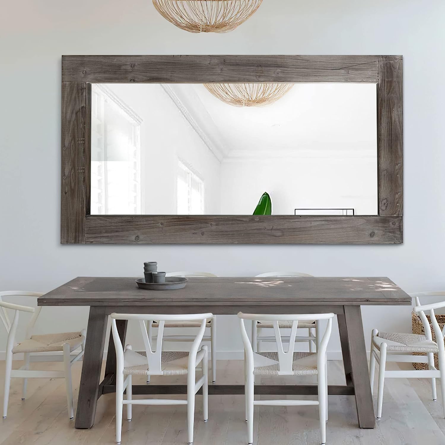 NeuType Floor Mirror Full Length, 71x32in Rustic Wood Frame Full Body Dressing Mirror, Wall-Mounted or Leaning Against Wall Standing Mirror, Farmhouse Decor for Bedroom Living Room, Charcoal Grilled