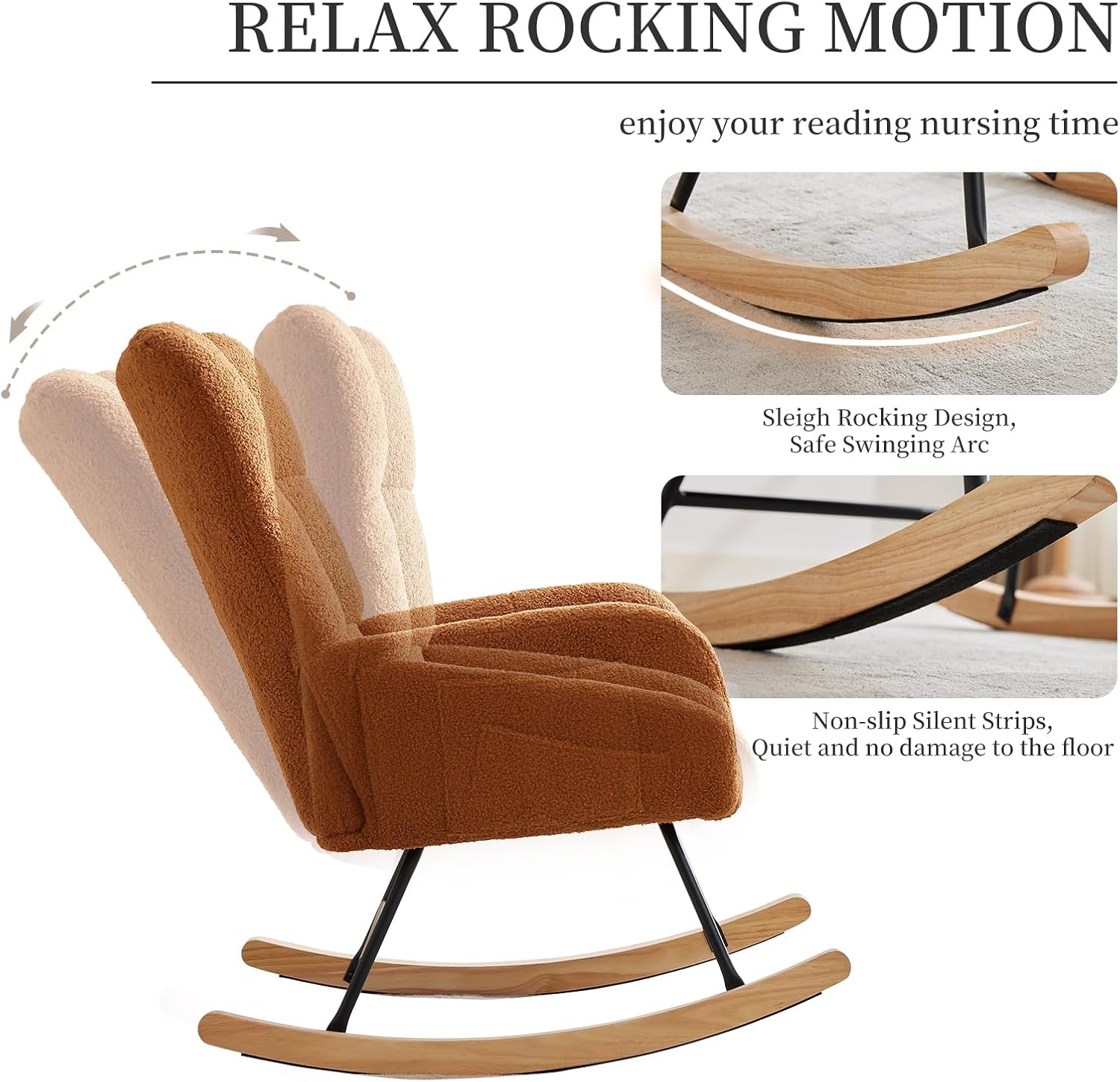 GarveeHome Rocking Chair Nursery, Teddy Upholstered Glider Chair with High Backrest, Armrest and Side Pockets, Modern Comfy Accent Armchair Reading Chair for Bedroom, Living Room