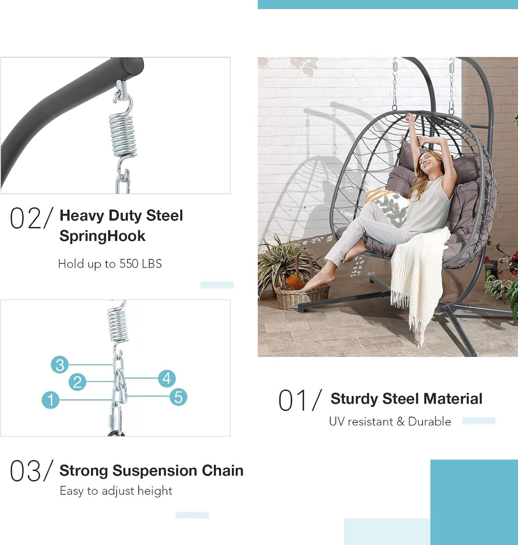 Patiorama 2 Person Double Egg Swing Chair with Stand Indoor Outdoor, Patio Wicker Rattan Hanging Egg Chair w/Cushion, Pillow, Foldable Hammock Chair 550lbs for Bedroom, Balcony, Garden (Dark Grey)