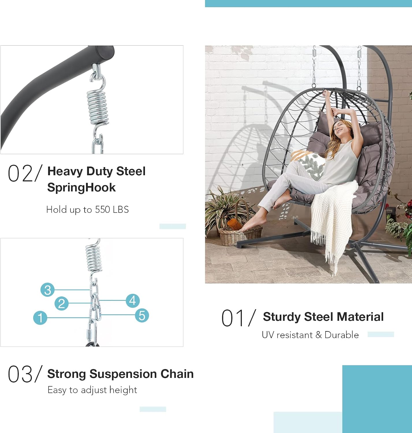 Patiorama 2 Person Double Egg Swing Chair with Stand Indoor Outdoor, Patio Wicker Rattan Hanging Egg Chair w/Cushion, Pillow, Foldable Hammock Chair 550lbs for Bedroom, Balcony, Garden (Dark Grey)