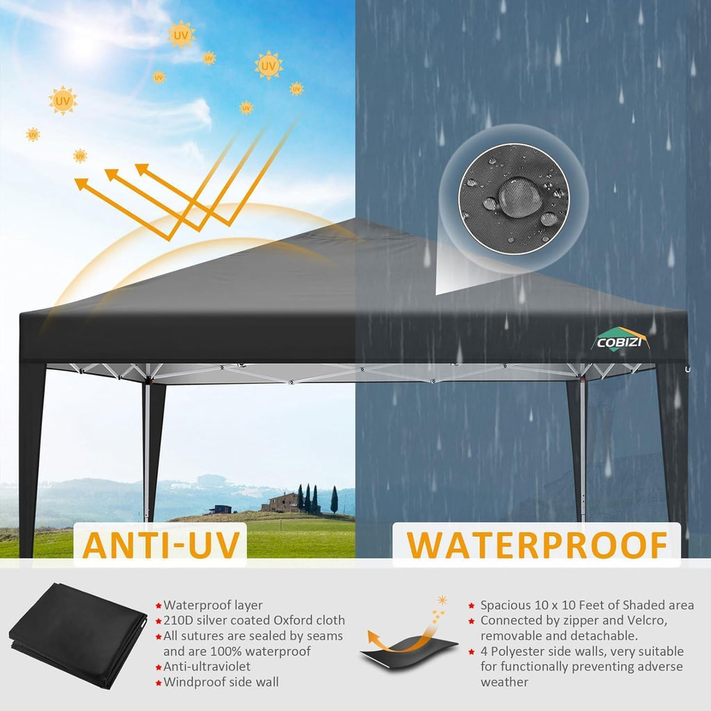 COBIZI 10x10 Pop Up Canopy Tent with 4 Removable Sidewalls, Waterproof Outdoor Commercial Easy Set Up Gazebo Tent Canopy Tents for Party/Exhibition/Picnic with Carry Bag,8 Stakes & 4 Ropes (Black.