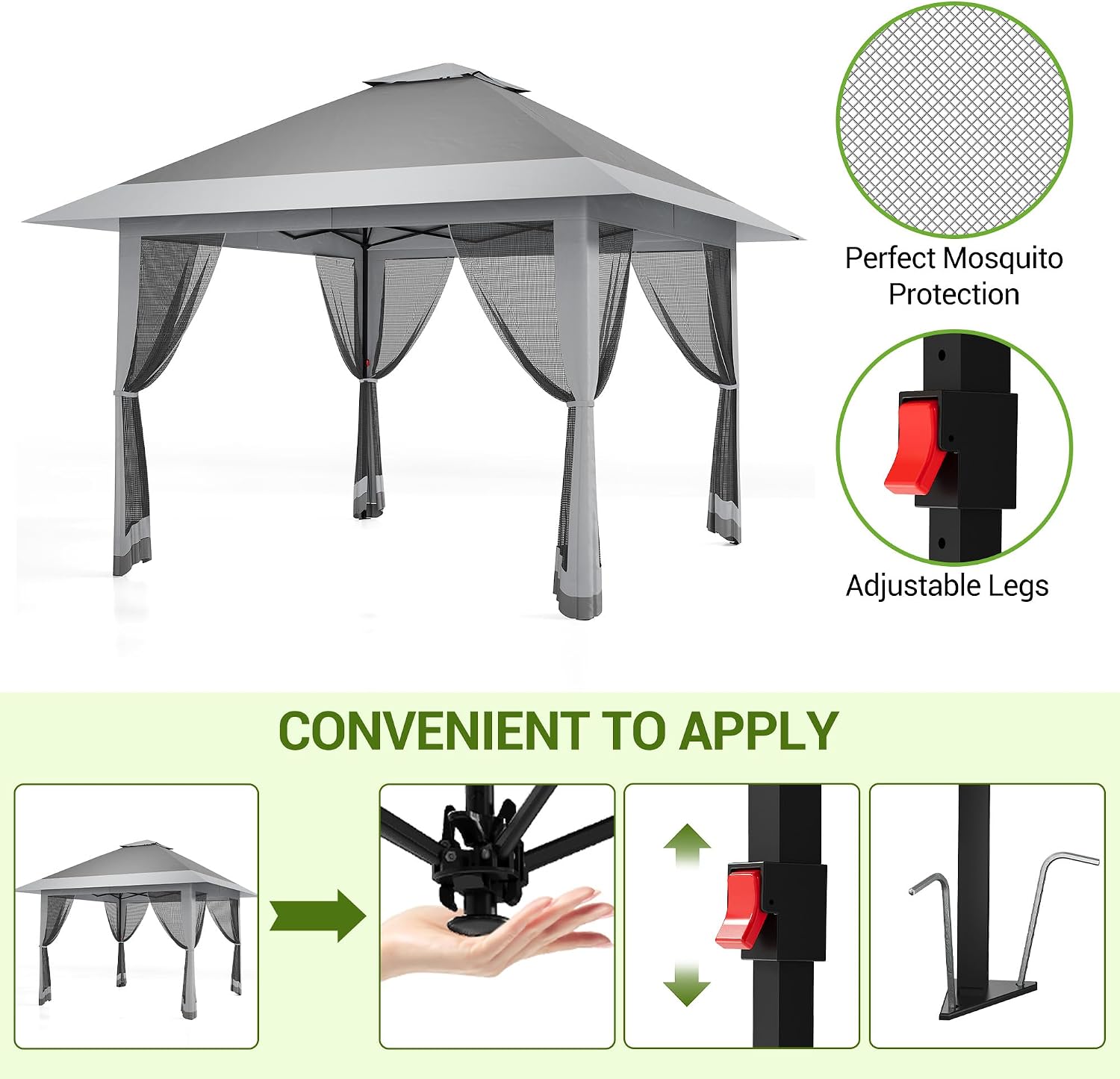 13x13FT Pop Up Gazebo with Mosquito Netting, Outdoor Canopy Tent with Double Roof, Folding Gazebo for Patio, Backyard, Garden, Camping, Party, Wedding, Adjustable Height Green