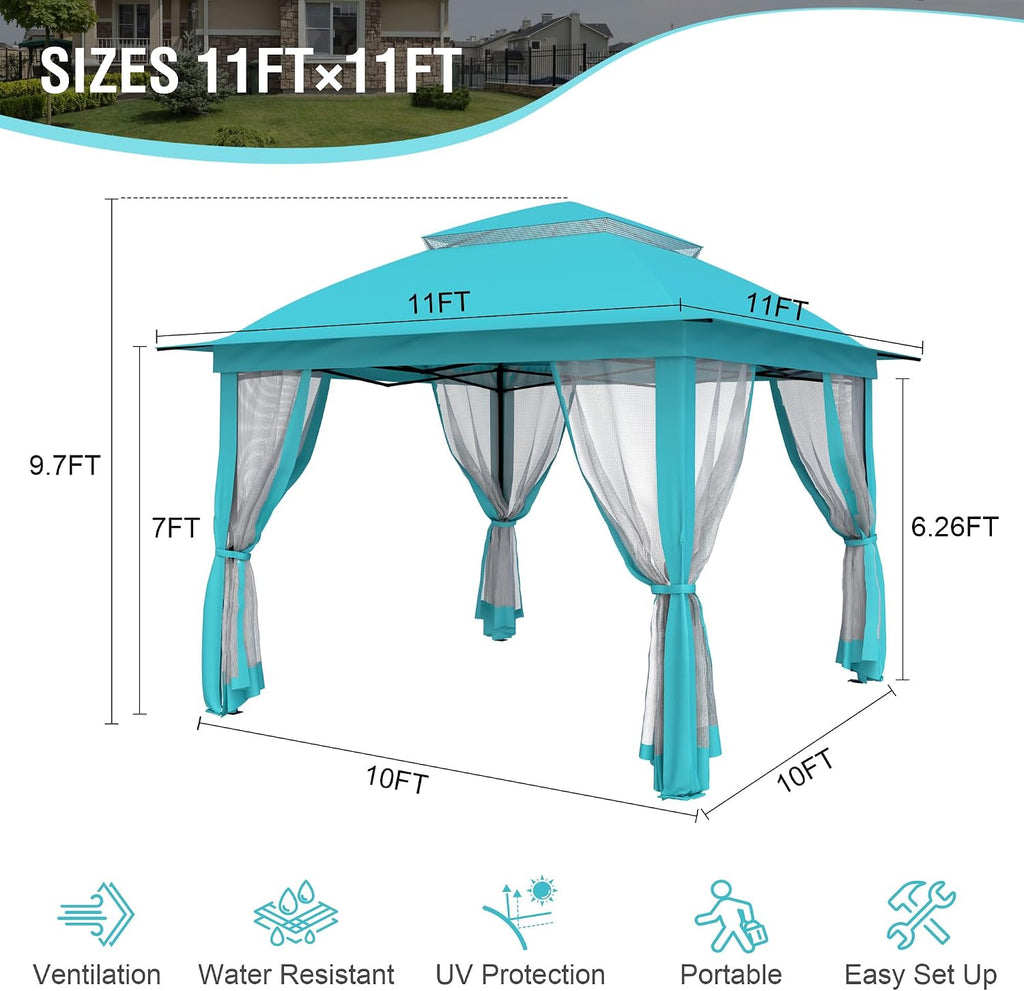 Pop Up Gazebo 11x11, Outdoor Instant Canopy Shelter Tent with Mosquito Netting Metal Frame Storage Bag for Patio Garden Backyard.(SkyBlue)