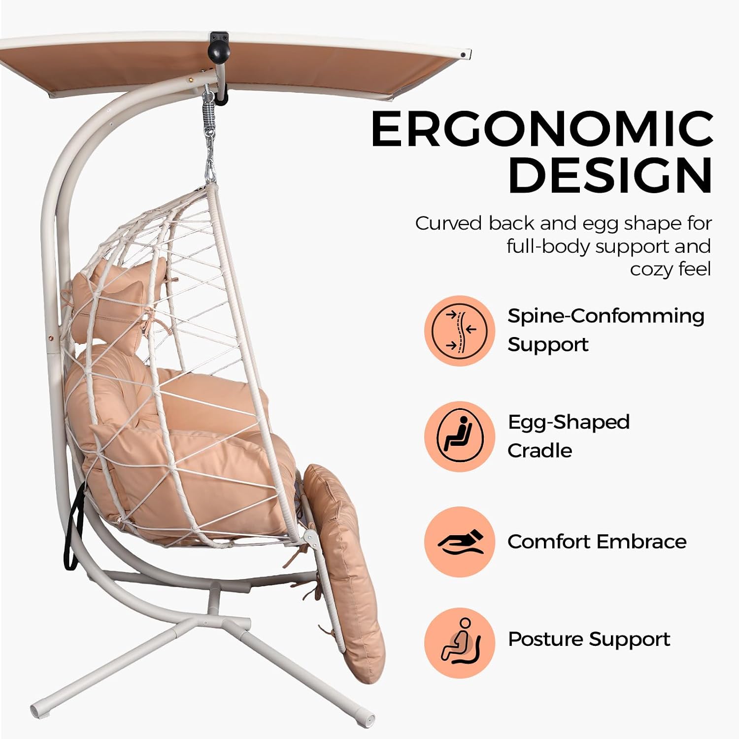 Double Egg Chair Outdoor with Stand & Canopy, 2 Person Hanging Egg Chair with Footrest, Oversized Rattan Wicker Egg Swing Chair for Bedroom Garden, 660Lbs (White-Beige with Light)