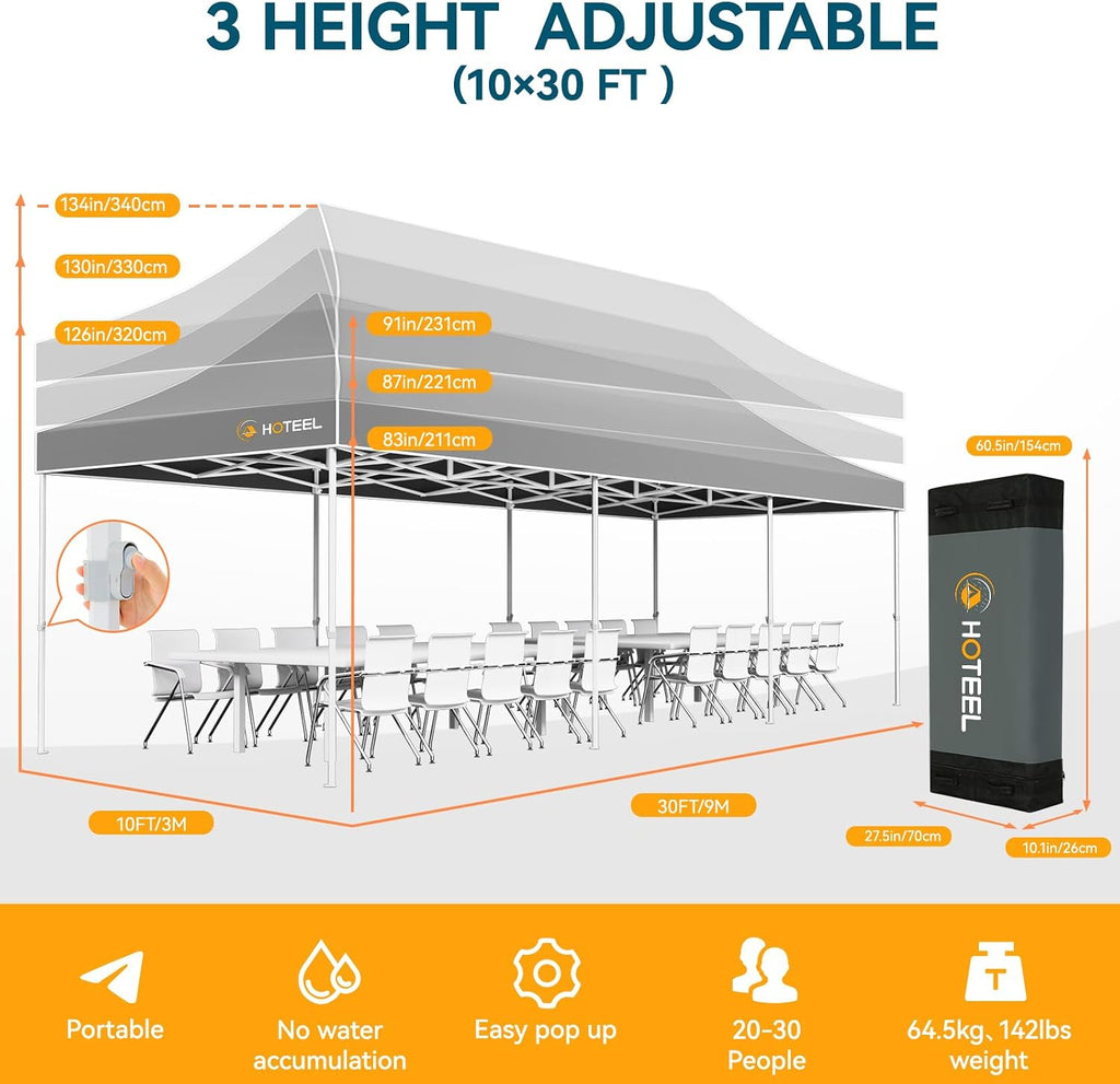 Hoteel 10x30 Pop Up Canopy Tent Heavy Duty with 8 Sidewalls, Waterproof Party Tent, Easy Set-up Commercial Instant Tents with Hand Bag, Rope & Nail, Hexagonal Leg (1-Year Warranty)
