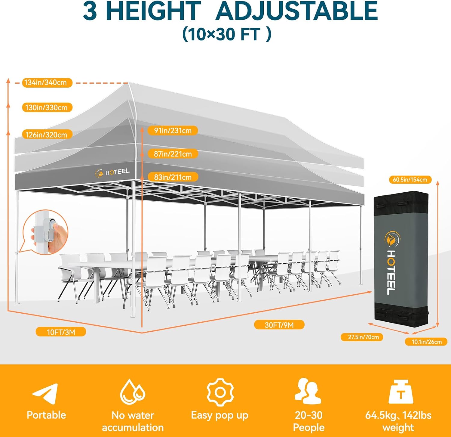 Hoteel 10x30 Pop Up Canopy Tent Heavy Duty with 8 Sidewalls, Waterproof Party Tent, Easy Set-up Commercial Instant Tents with Hand Bag, Rope & Nail, Hexagonal Leg (1-Year Warranty)