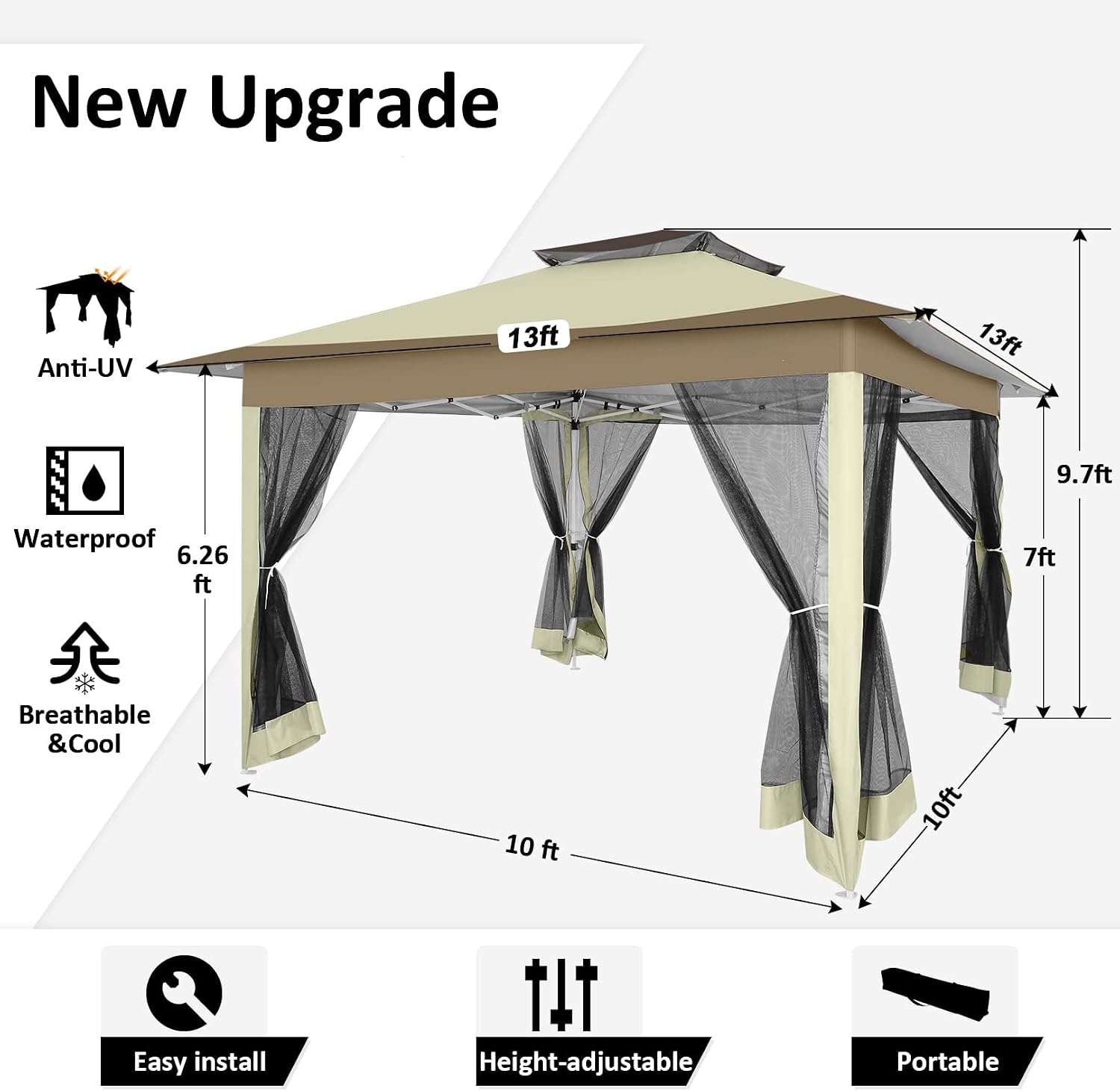 HOTEEL 13x13 Pop Up Gazebo Canopy Tent - Easy Up Outdoor Waterproof Portable Gazebo With Mosquito Nettings, Double Vented Roof and Carry Bag for Patio Garden Lawn (Khaki)