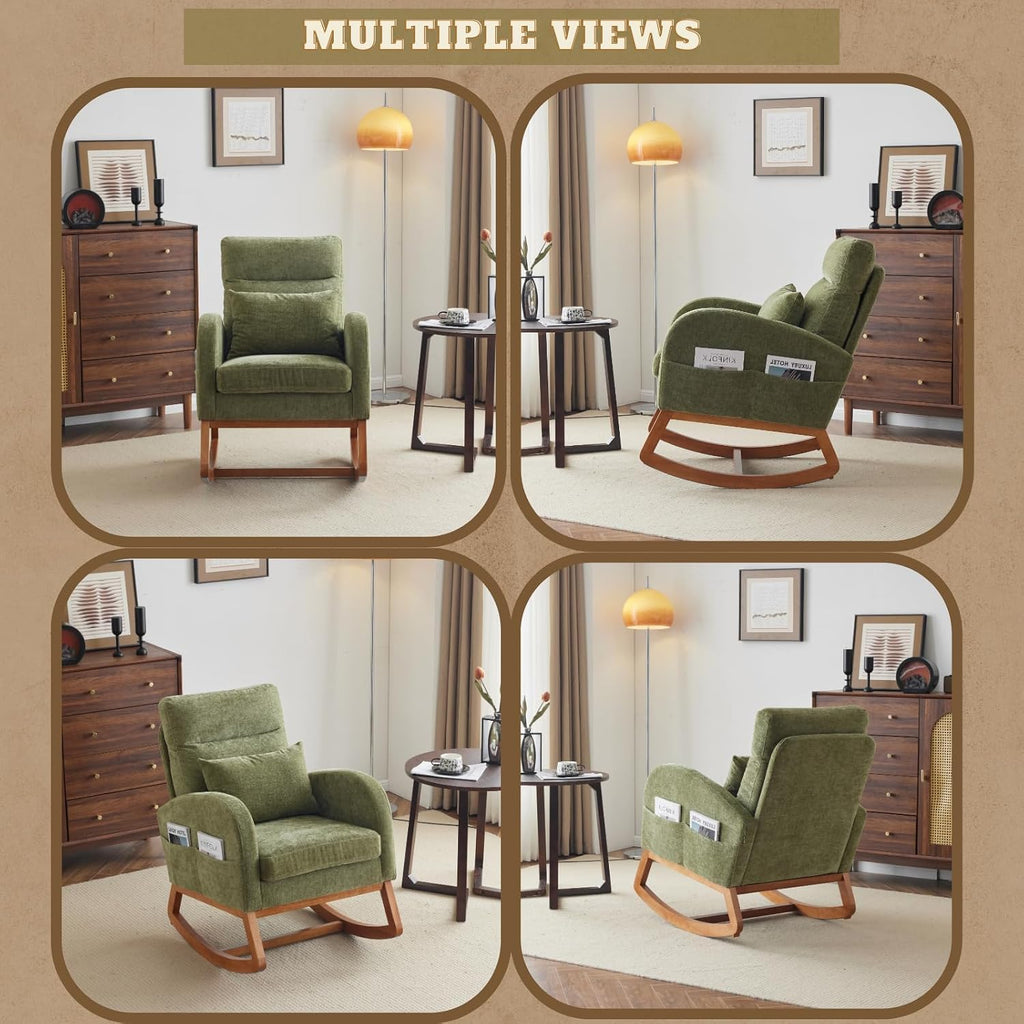 VINGLI Olive Chenille Rocking Chair Nursery with Thick Headrest, Upholstered Mid-Century Modern Nursing Rocker Glider with Curved Armrest, Sturdy Solid Wood Base for Living Room, Bedroom, Baby Room