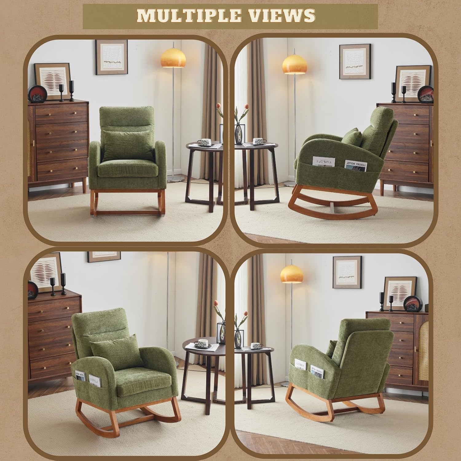 VINGLI Olive Chenille Rocking Chair Nursery with Thick Headrest, Upholstered Mid-Century Modern Nursing Rocker Glider with Curved Armrest, Sturdy Solid Wood Base for Living Room, Bedroom, Baby Room