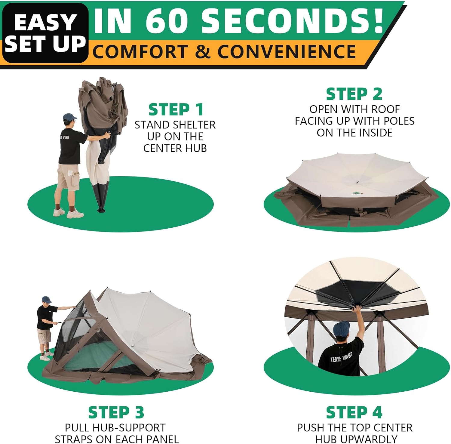 COBIZI Pop Up Gazebo Screen Tent Screen House for Camping, 15x15 Screen Room with Mosquito Netting, Hub Tent Instant Screened Canopy with Carrying Bag and Ground Stakes, Brown