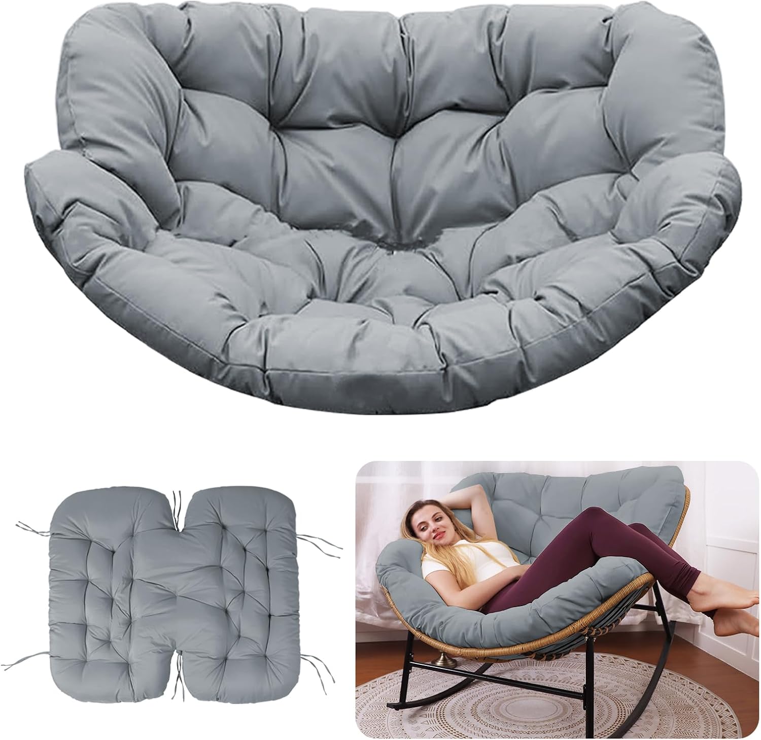 Outdoor Rocking Chair Cushion – Waterproof Wicker Egg Chair Replacement Pad, Thick Papasan Seat Cushion with Ties for Indoor & Outdoor Patio, Porch, Balcony, or Garden (Light Gray)