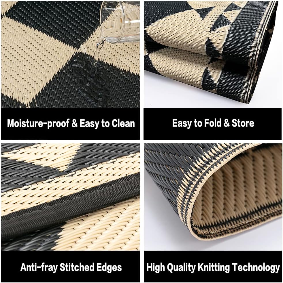 HUGEAR Outdoor Waterproof Rug 10'x14' Plastic Straw Rugs Washable Reversible Floor Mat Beige Plaid Carpet for Camping RV Deck Entryance Porch Picnic Balcony Beach Backyard