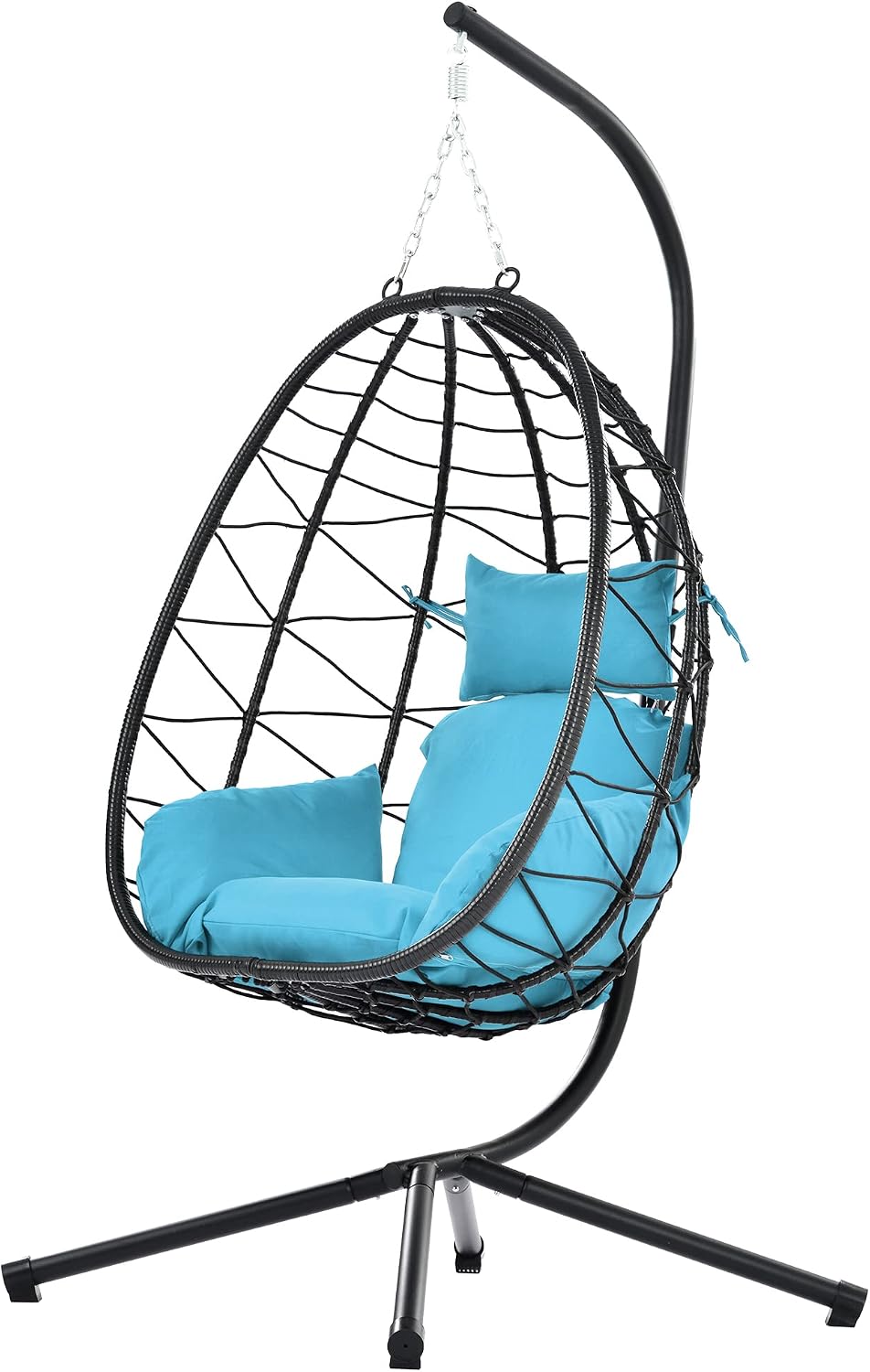 ZSQ Hanging Egg Chair with Stand, Indoor Outdoor Wicker Patio Swing Chair, All-Weather with Cushion (Light Blue)