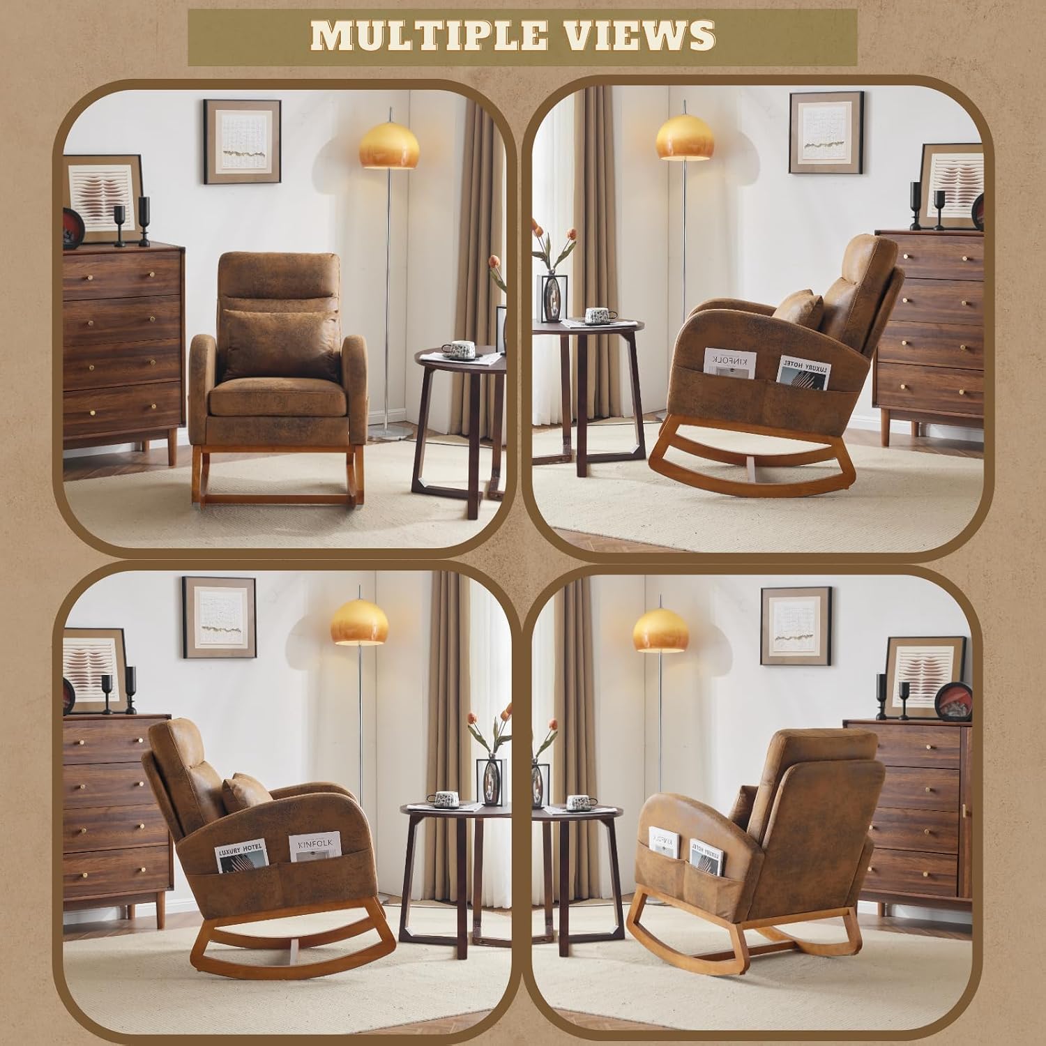 VINGLI Rustic Microfiber Nursing Rocking Chair with Thick Headrest, Upholstered Mid-century Modern Nursery Rocker Glider with Curved Armrest, Sturdy Solid Wood Base for Living Room, Bedroom, Baby Room