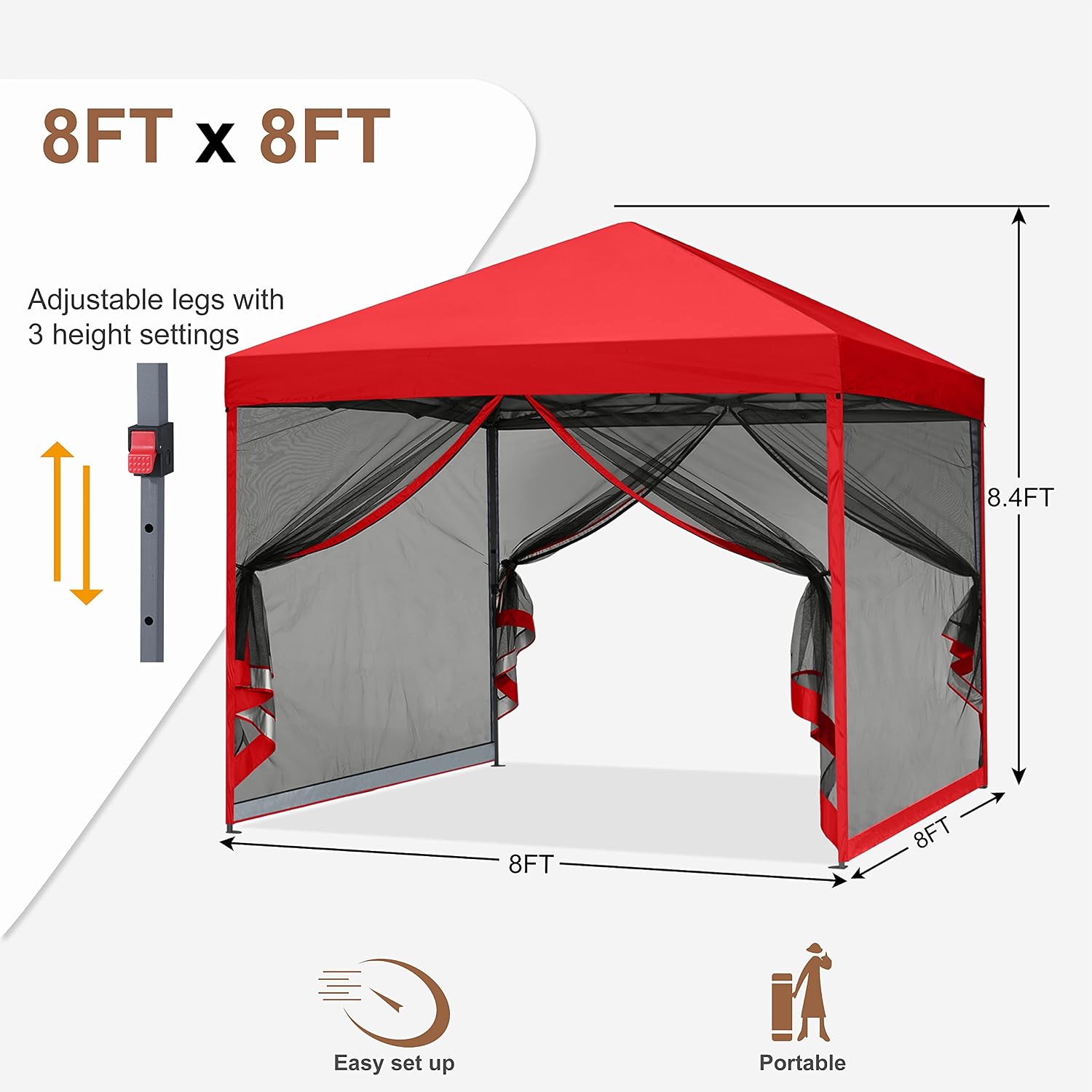 MASTERCANOPY Pop-Up Easy Setup Outdoor Canopy with Netting Screen Walls (8x8, Red)