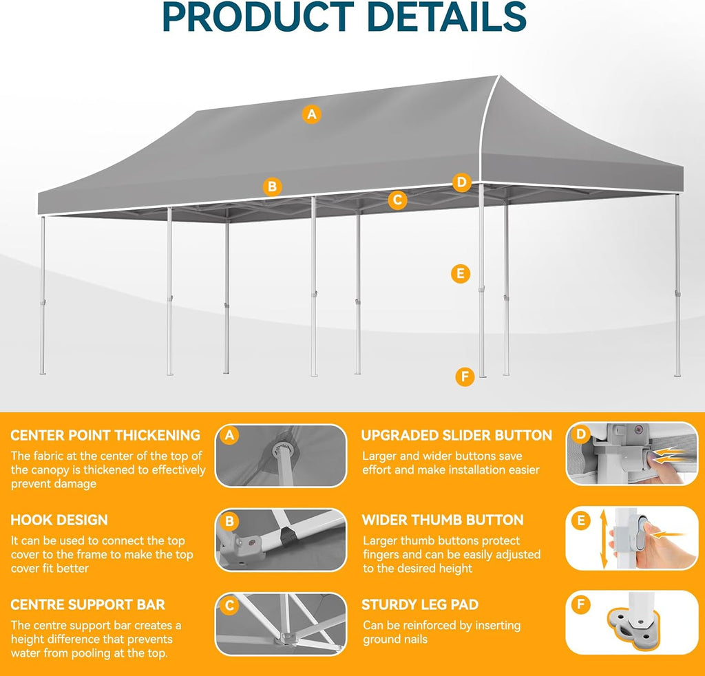 Hoteel 10x30 Pop Up Canopy Tent Heavy Duty with 8 Sidewalls, Waterproof Party Tent, Easy Set-up Commercial Instant Tents with Hand Bag, Rope & Nail, Hexagonal Leg (1-Year Warranty)