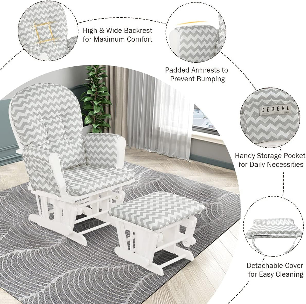 Costzon Nursery Glider with Ottoman, Upholstered Comfort Glider Rocker with Padded Cushion, Storage Pocket, Solid Wood Base, Rocking Chair Nursery for Breastfeeding, Napping (Gray and White)