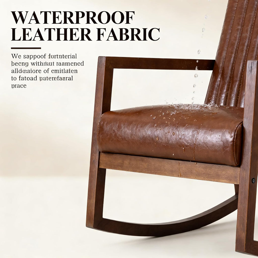 VESCASA Upholstered Rocking Chairs with Channel-Tufted Back, Mid-Century Modern Comfy Oil Wax PU Leather Rockers with Black Walnut Wood Frame for Nursery Living Bedroom Indoor, Set of 2, Brown