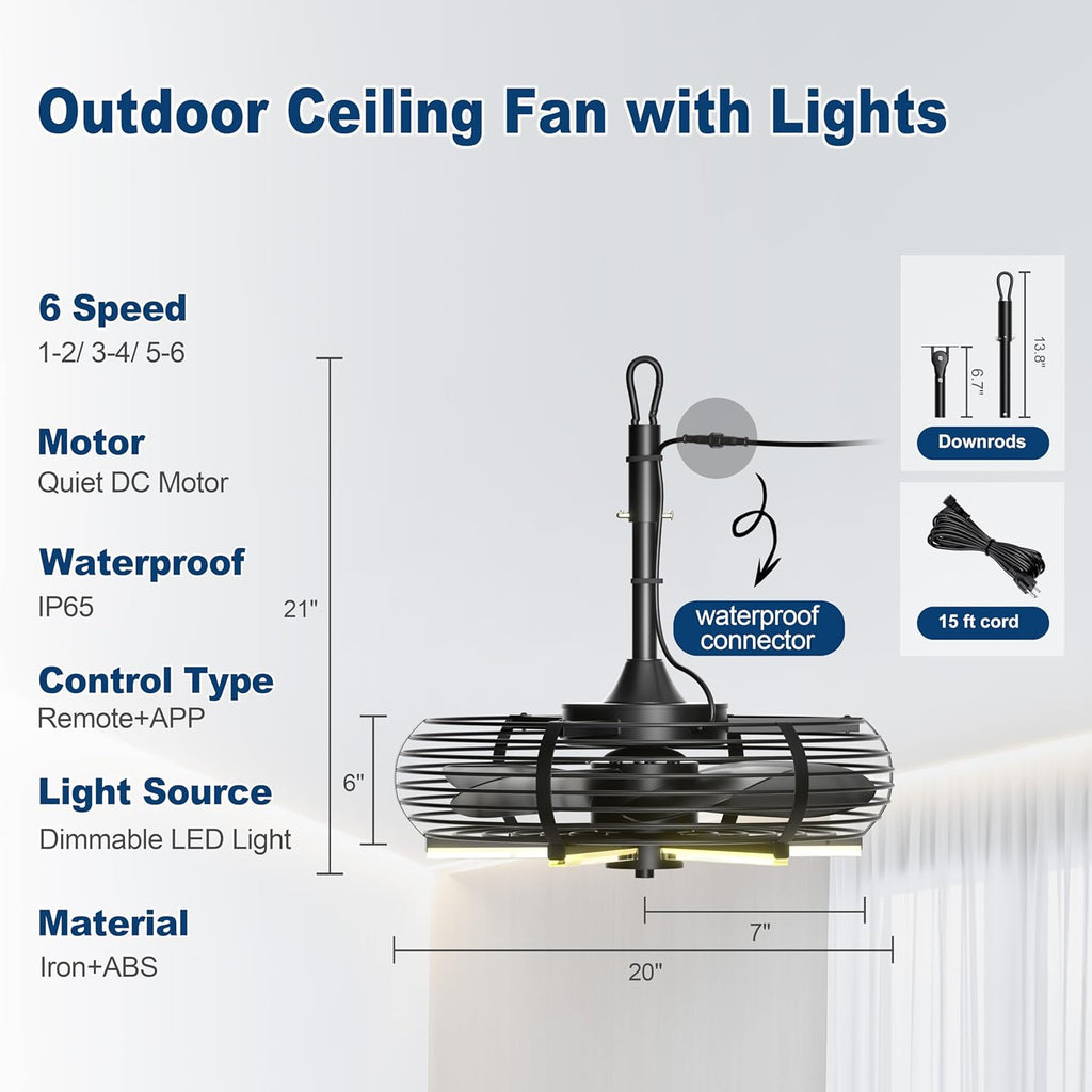Coolbull Outdoor Ceiling Fans with Light for Patios, 20'' Gazebo Fan, Plug in Ceiling Fan, Waterproof, Remote&APP Control, Hanging with Hook, Black