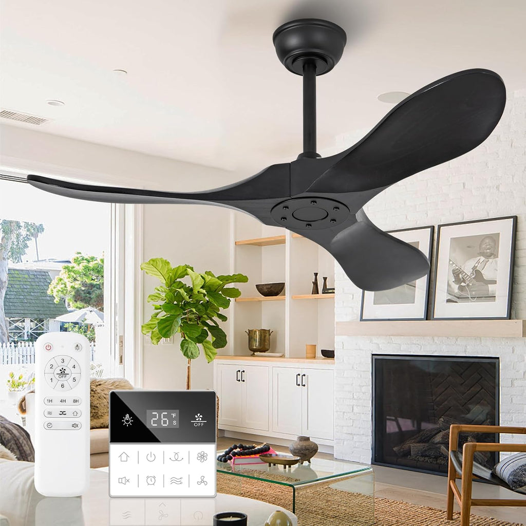 42 Inch Black Solid Wood Ceiling Fan without Light,Propeller Outdoor Ceiling Fans Without Lights with Wall Switch and Remote Control,Quiet DC Motor,3 Blades Ceiling Fan for Patios