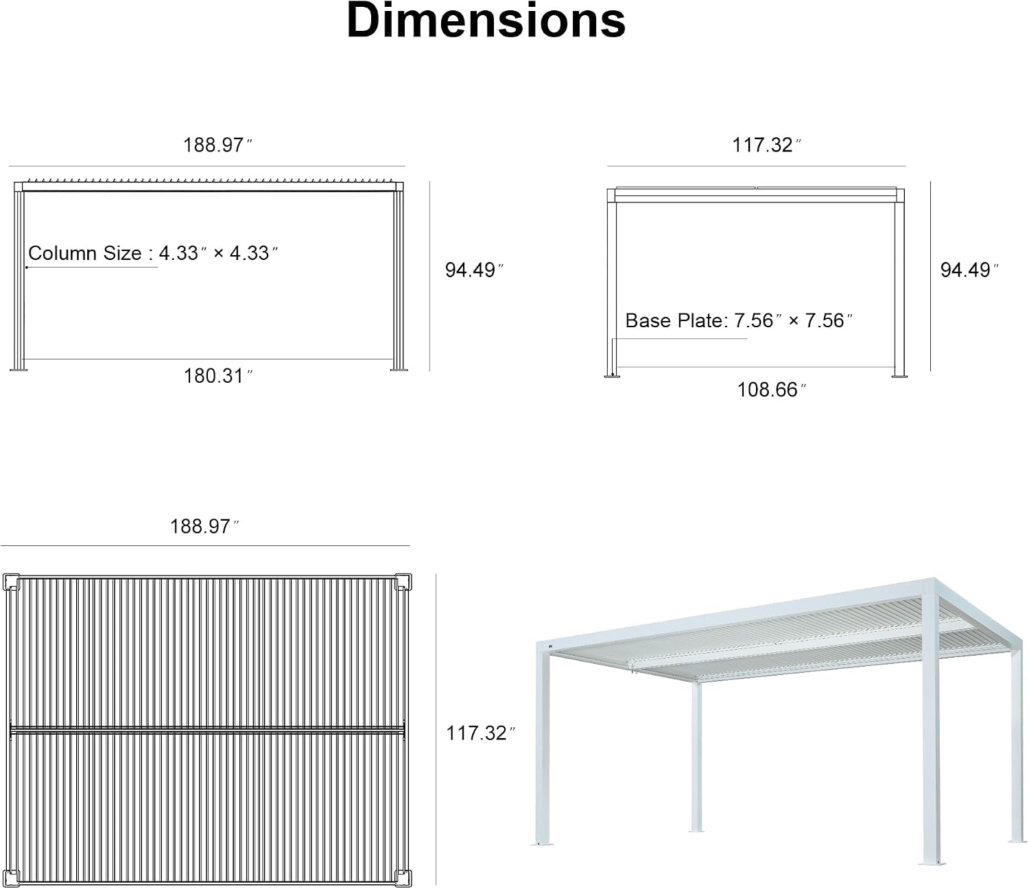 PURPLE LEAF Louvered Pergola 10' x 16' Outdoor White Aluminum Pergola with Fixed Shutter Wall Adjustable Roof Gazebo for Patio Backyard, 1 Short Side