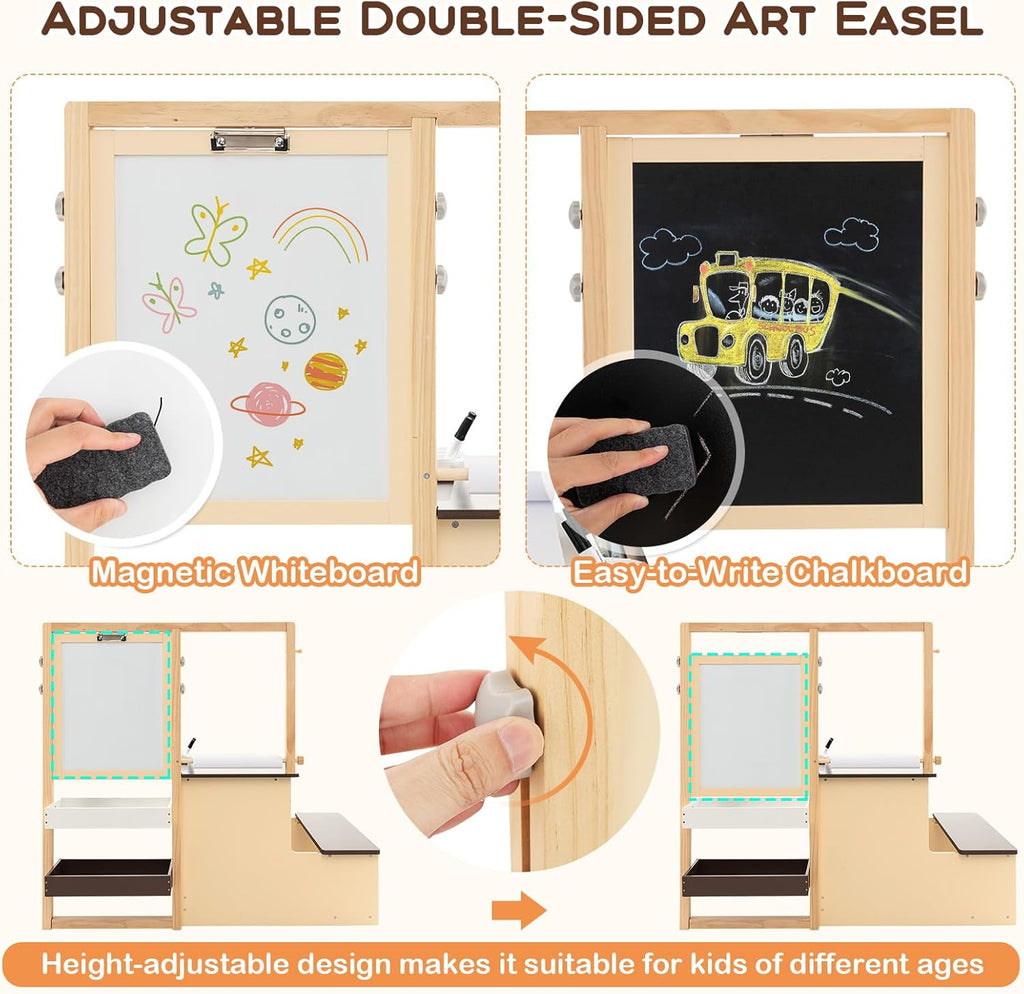 Costzon Easel for Kids, Wooden Art Center with Double-Sided Blackboard & Whiteboard, Paper Roll for Drawing, Crafts, Writing, Toddler Activity Table with Storage, Kids Table and Chair Set (Brown)