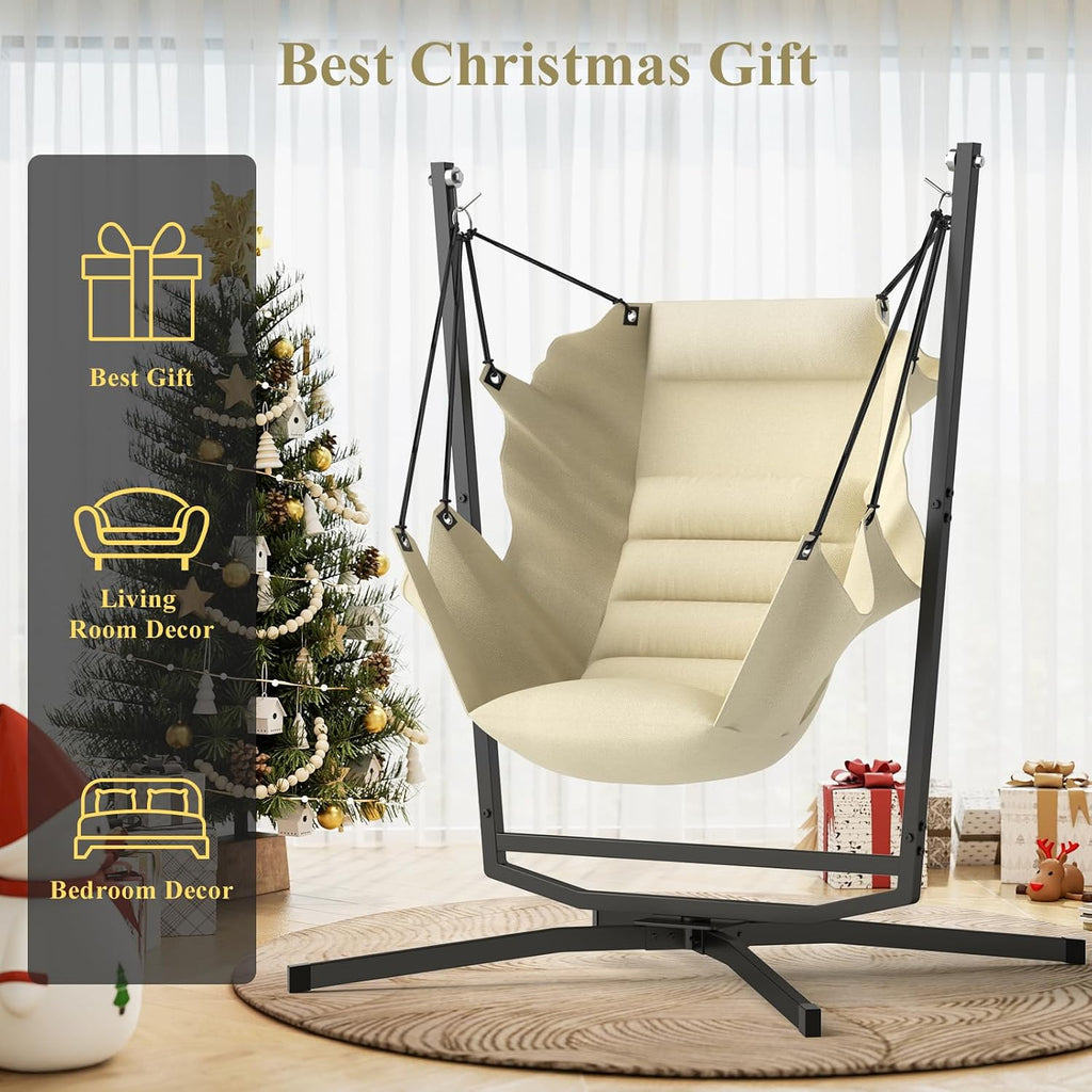 360° Swivel Hammock Swing Chair with Stand - Comfortable Hanging Chair with Cushions (400 lbs Capacity) for Indoor/Outdoor Use - Perfect for Bedroom, Patio, Porch, Deck, Garden, Balcony