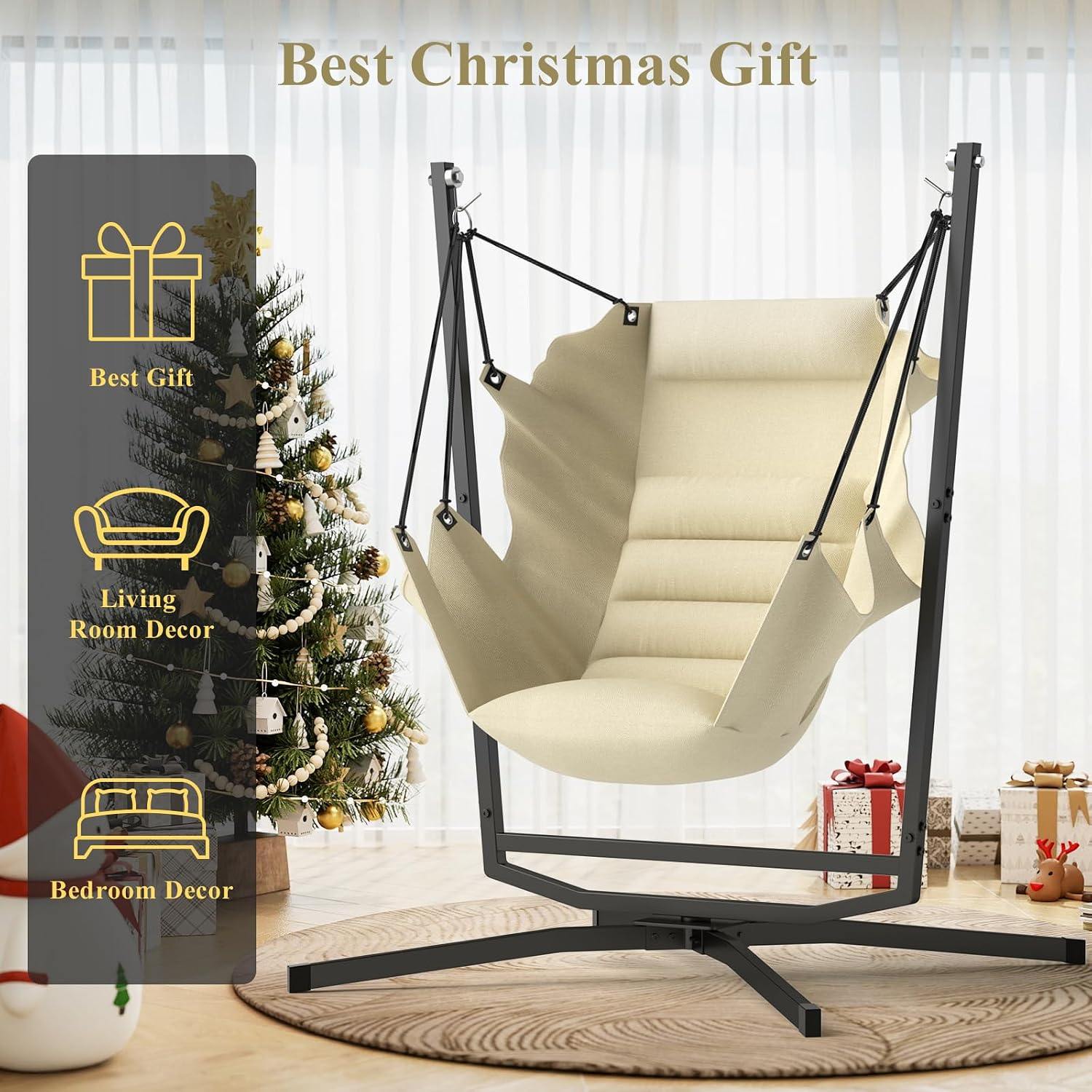 360° Swivel Hammock Swing Chair with Stand - Comfortable Hanging Chair with Cushions (400 lbs Capacity) for Indoor/Outdoor Use - Perfect for Bedroom, Patio, Porch, Deck, Garden, Balcony