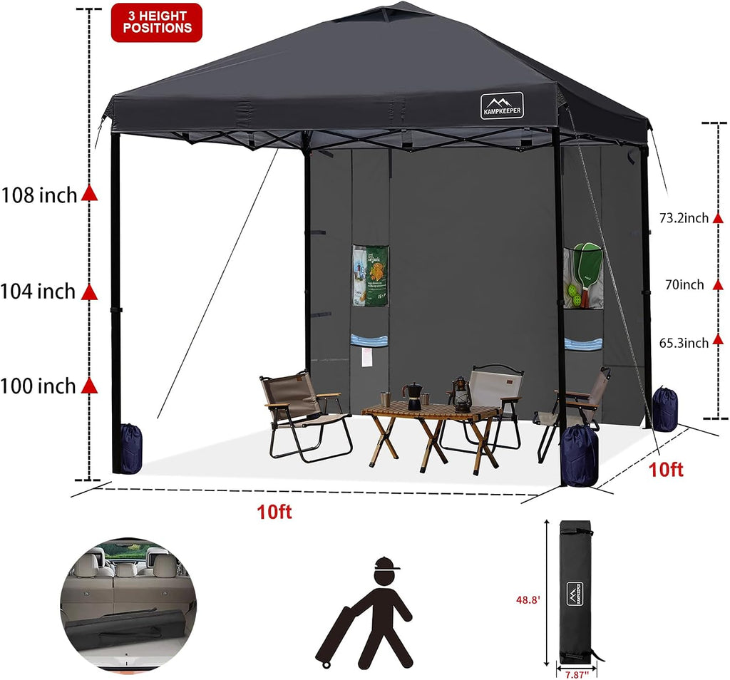 KAMPKEEPER 10x10 Easy Pop Up Canopy Tent with Sidewalls, Instant Outdoor Shade Shelter with Removable 10FT Sun Walls, Quick Setup Waterproof and UV-Resistant for Patio (Black, 10x10FT with 1 sidewall)