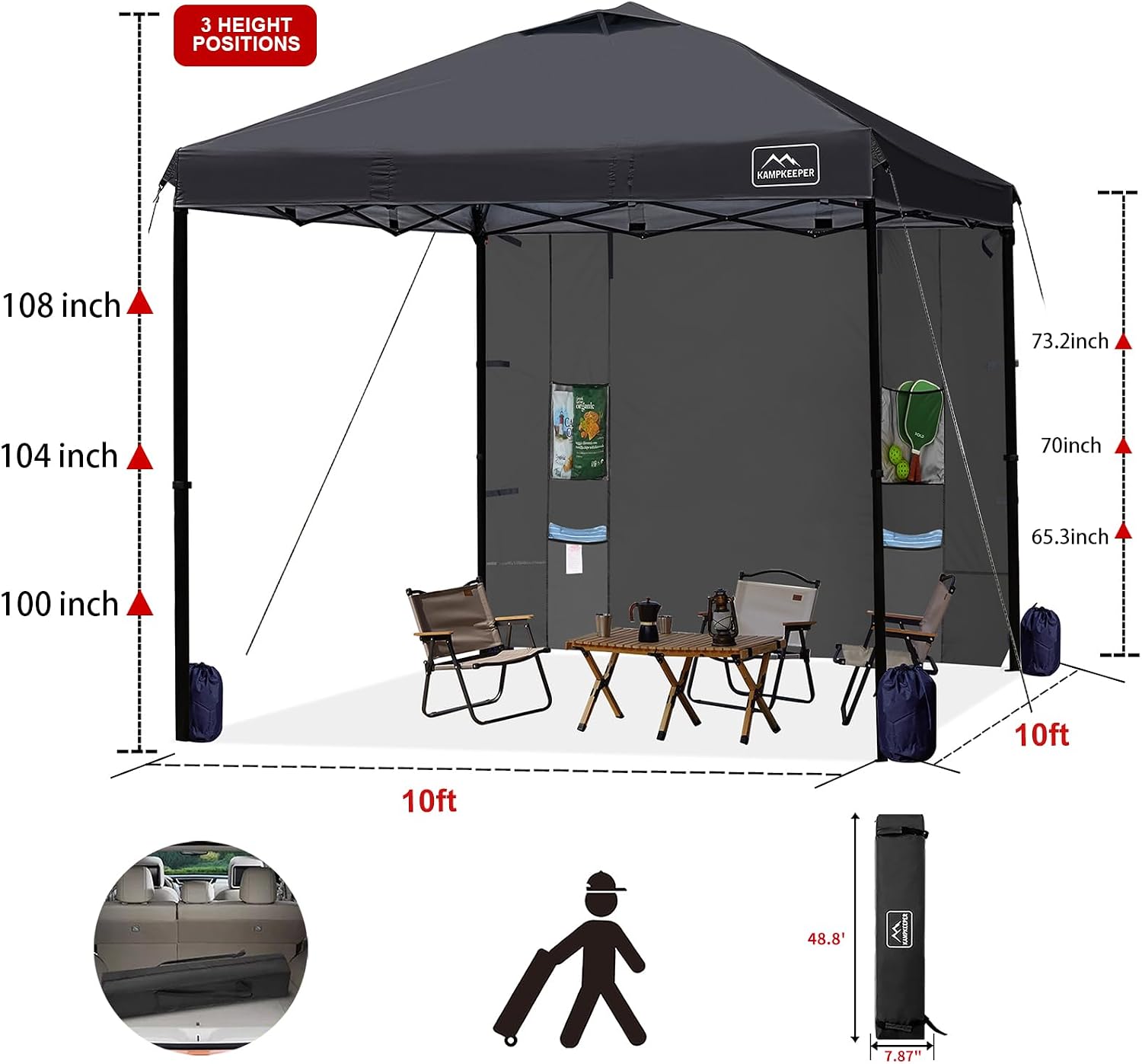 KAMPKEEPER 10x10 Easy Pop Up Canopy Tent with Sidewalls, Instant Outdoor Shade Shelter with Removable 10FT Sun Walls, Quick Setup Waterproof and UV-Resistant for Patio (Black, 10x10FT with 1 sidewall)