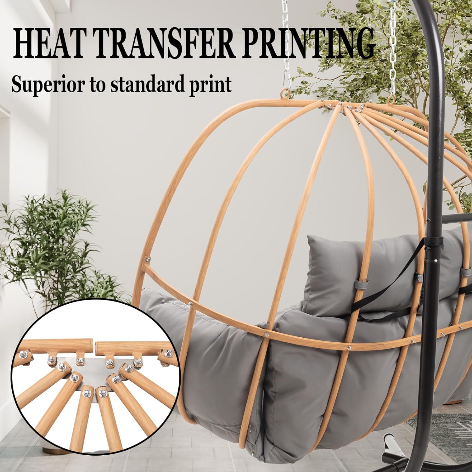 Double Egg Chair with Stand, Oversized Egg Chair Outdoor, 2-Person Hanging Eggs Chairs, 600Lbs Sturdy Loveseat Swinging Chair for Balcony, Patio, Deck, Grey