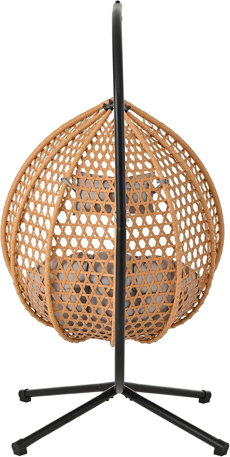 Polibi Hanging Egg Chair with Stand - PE Rattan Indoor Outdoor Swing Chair Heavy Duty 330lbs - Breathable Hollowed Design & Adjustable Headrest - Patio Balcony Garden Lounger,Brown+Yellow+Grey