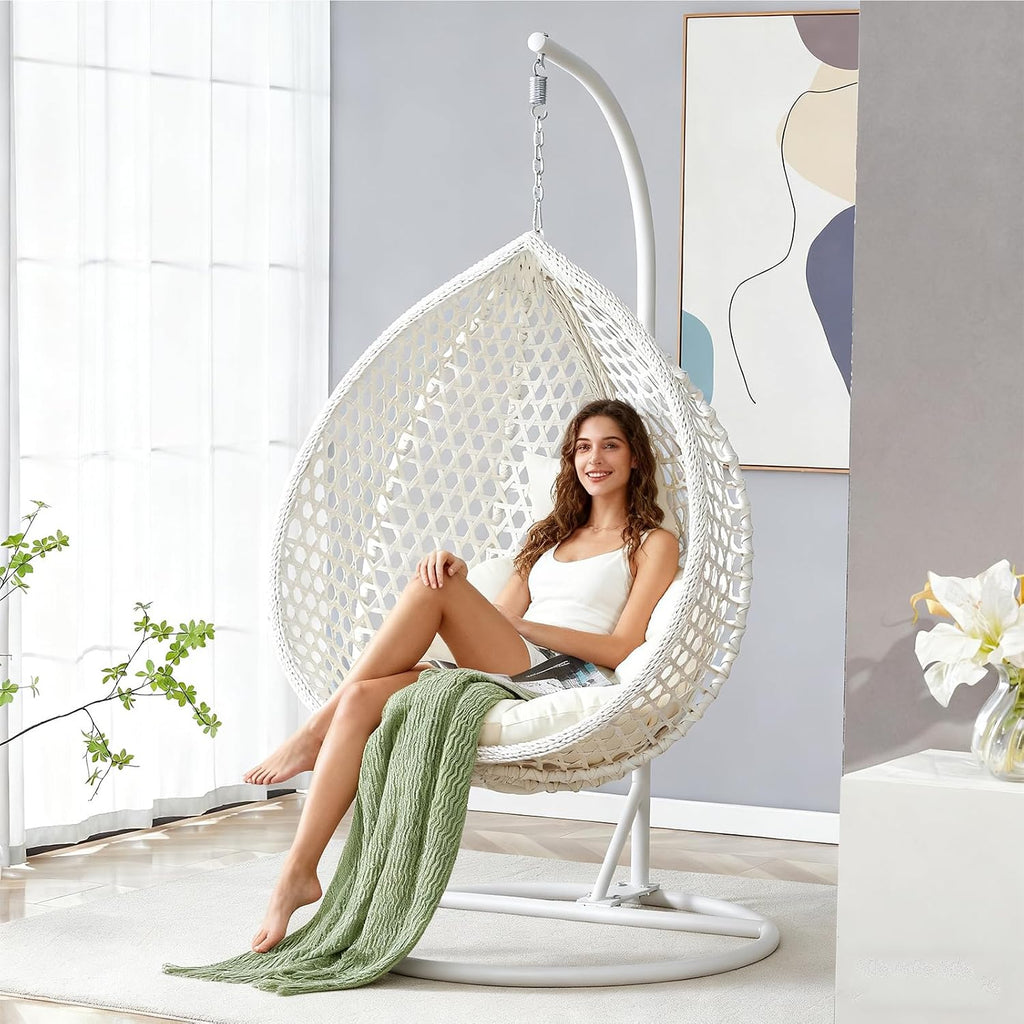 Egg Chair Indoor, Hanging Egg Chair with Stand, Rattan Wicker Swing Chair with Cushions, Swinging Chair for Bedroom Outdoor Patio Balcony Backyard Heavy Duty 350LBS,White