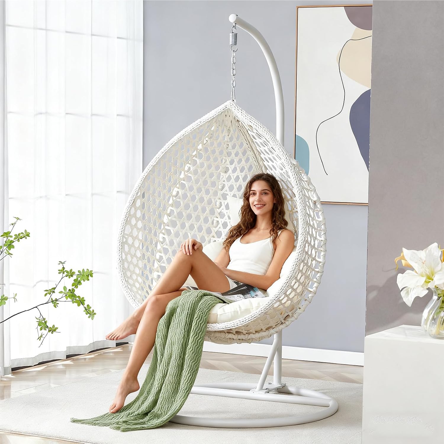 Egg Chair Indoor, Hanging Egg Chair with Stand, Rattan Wicker Swing Chair with Cushions, Swinging Chair for Bedroom Outdoor Patio Balcony Backyard Heavy Duty 350LBS,White