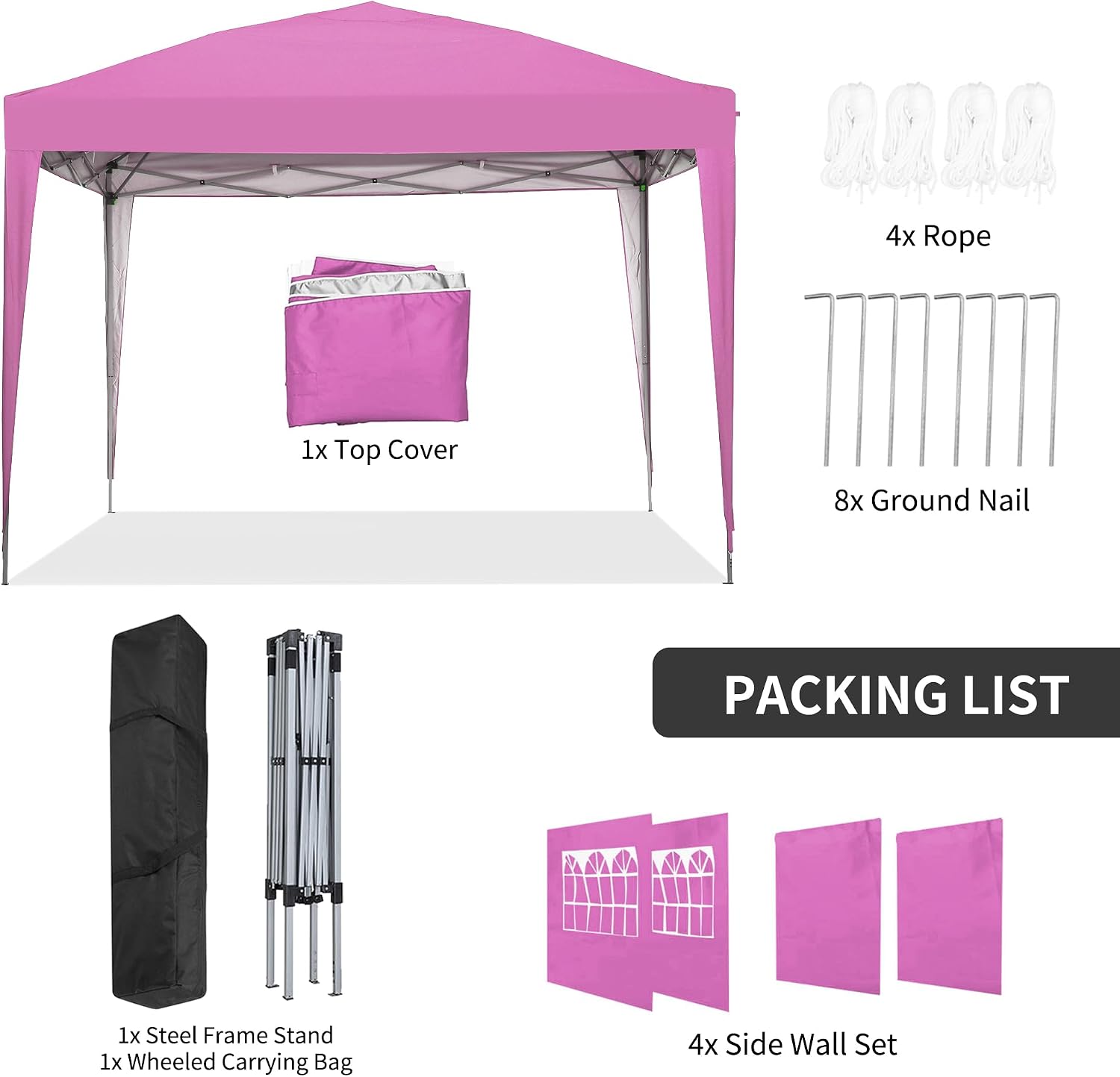GDY Pop Up Canopy Tent, Outdoor Gazebos, 10 x 10 Canopy with 4 Sidewalls, Easy Set up, for Events, Parties, Camping, Garden, Pink.