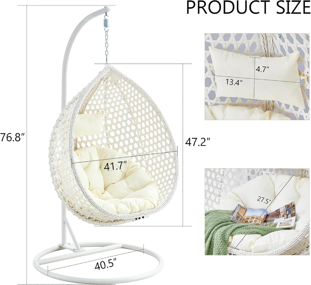 Hanging Egg Chair with Stand & Cushions, Outdoor and Indoor Hammock Rattan Swing Chair 350 lbs Capacity with Aluminum Steel Frame for Patio, Balcony, Backyard and Living Spaces (White)