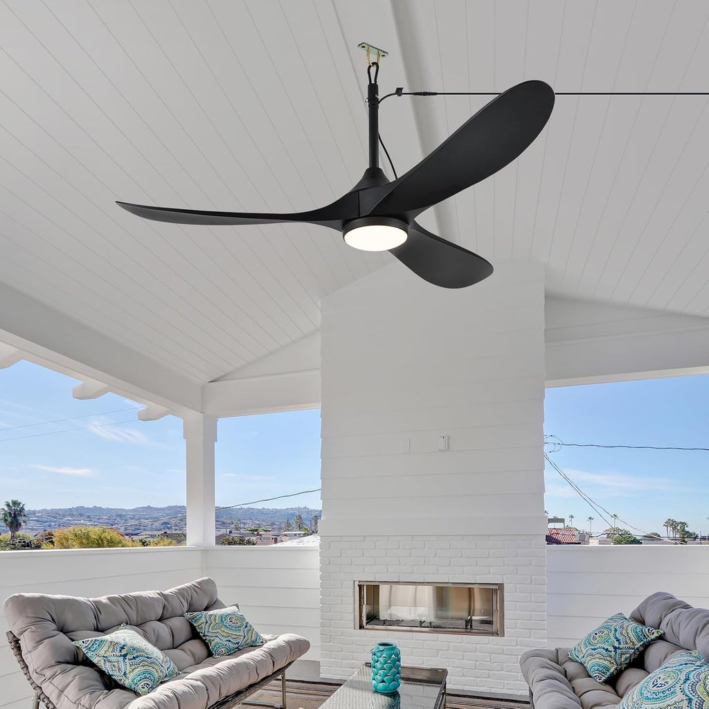 52 inch Outdoor Ceiling Fan with Light Waterproof - Plug in Hanging Hook for Patio, Porch, Gazebo - Wet Rated Weatherproof Exterior Black 3 Blades Ceiling Fan with Remote